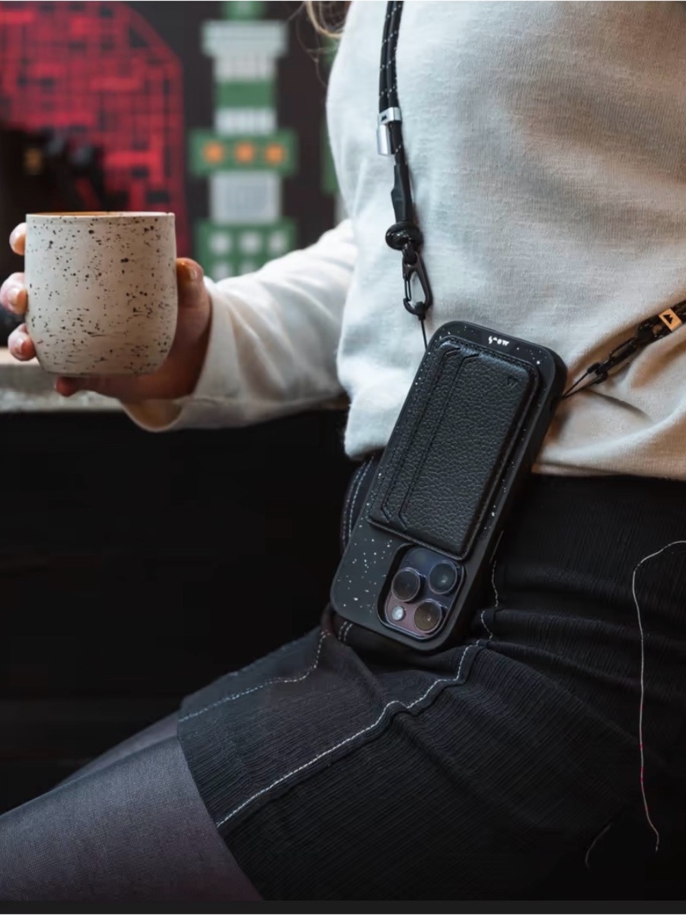 Black Leather Crossbody Phone Strap - Mous - make a phone a purse!